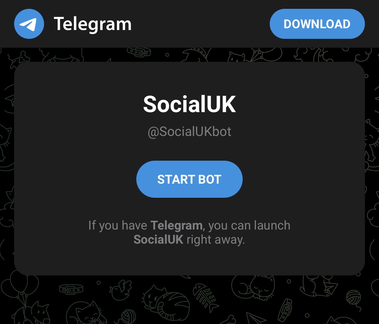 Telegram screen showing the Start Bot button for @SocialUKbot