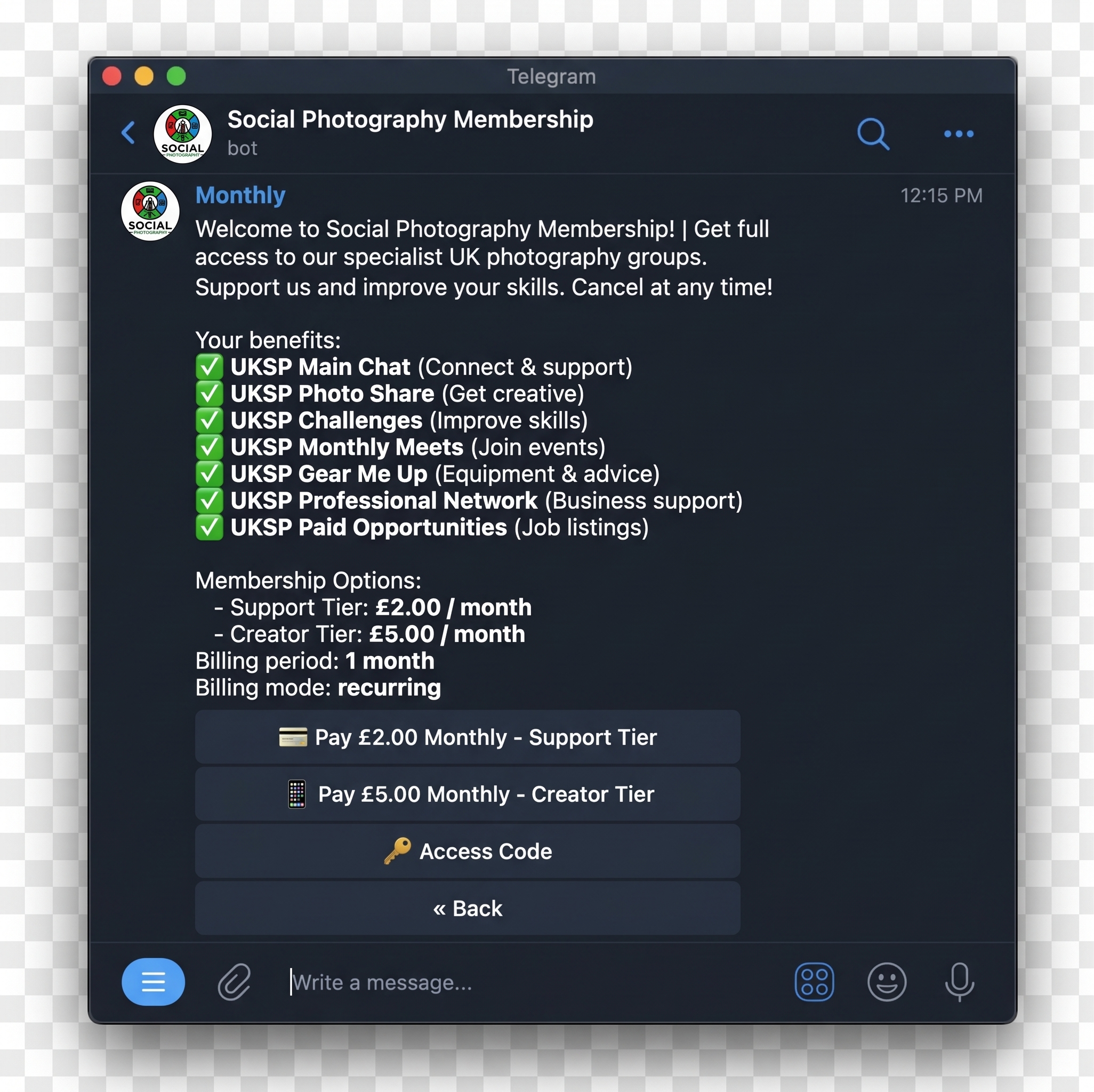 Illustrative UKSP Telegram membership screen showing monthly membership choices